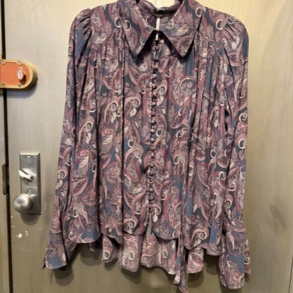 Boho Free People Modern Muse Paisley Tie-Neck Blouse - Picture 3 of 16